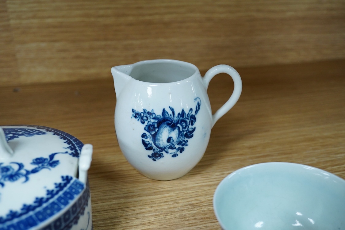 A group of 18th century Worcester and Liverpool porcelain teaware and a Caughley Cormorant fisherman butter tub and cover.